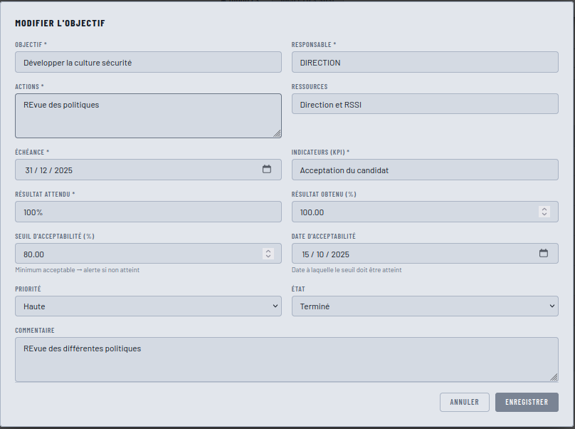 Fiche d'un objectif : plan d'action et ressources